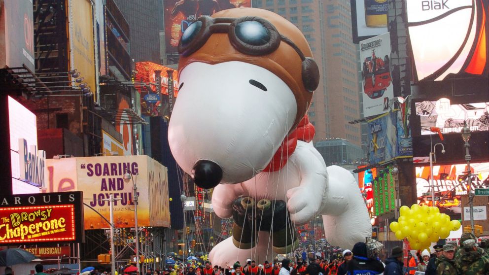 PHOTO: Handlers maneuver the new Snoopy balloon through Times Square during the 80th annual Macy's Thanksgiving Day Parade, Nov. 23, 2006.
