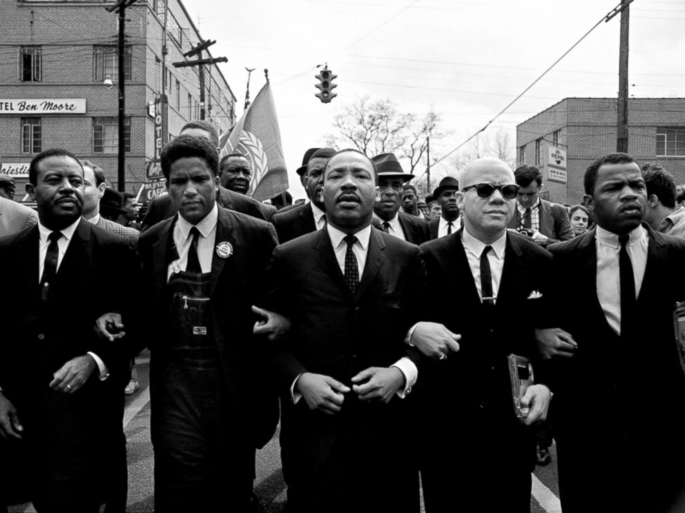 PHOTO: Martin Luther King, Jr. leading march from Selma to Montgomery of voting rights for African Americans. Beside King is John Lewis, Reverend Jesse Douglas, James Forman and Ralph Abernathy.