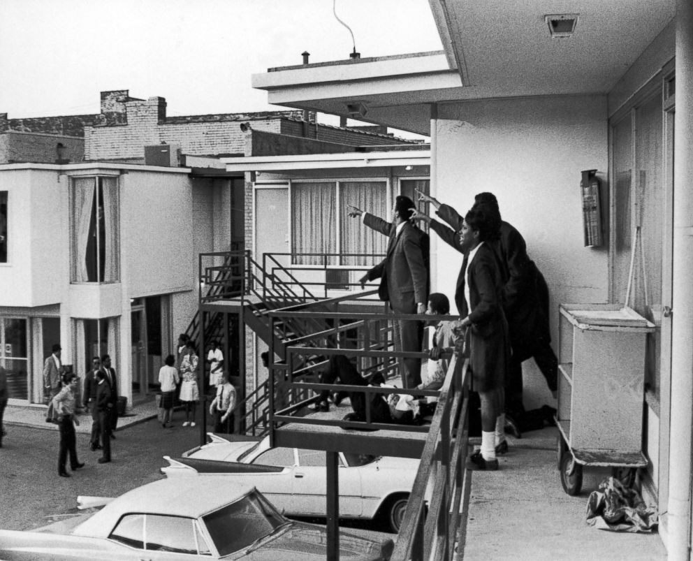 PHOTO: Dr. Ralph Abernathy, Jesse Jackson and others stand on the balcony of the Lorraine Motel where Dr. Martin Luther King, Jr., who lies at their feet, was shot and killed in Memphis, Tennessee, April 4, 1968. 