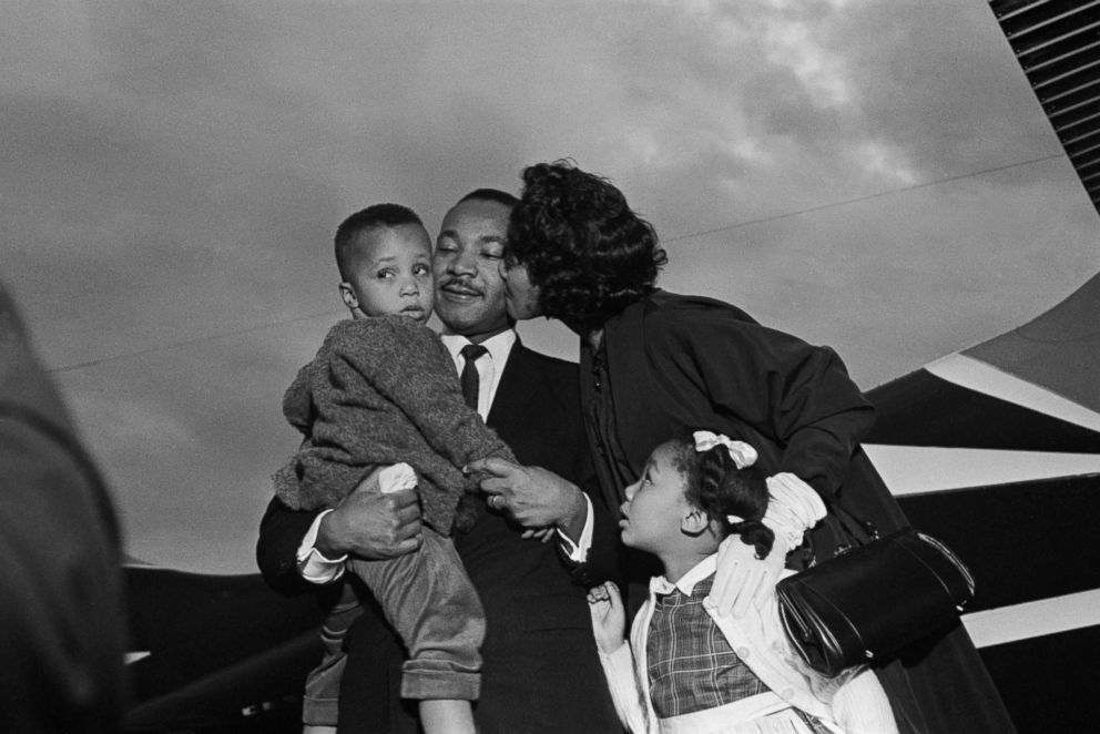 PHOTO: After Dr. Martin Luther King, Jr. is freed from jail upon his release from Georgia State prison after incarceration for leading boycotts. He is greeted by his wife Coretta and children, Marty and Yoki, in Chamblee, Georgia, Oct. 01, 1960.
