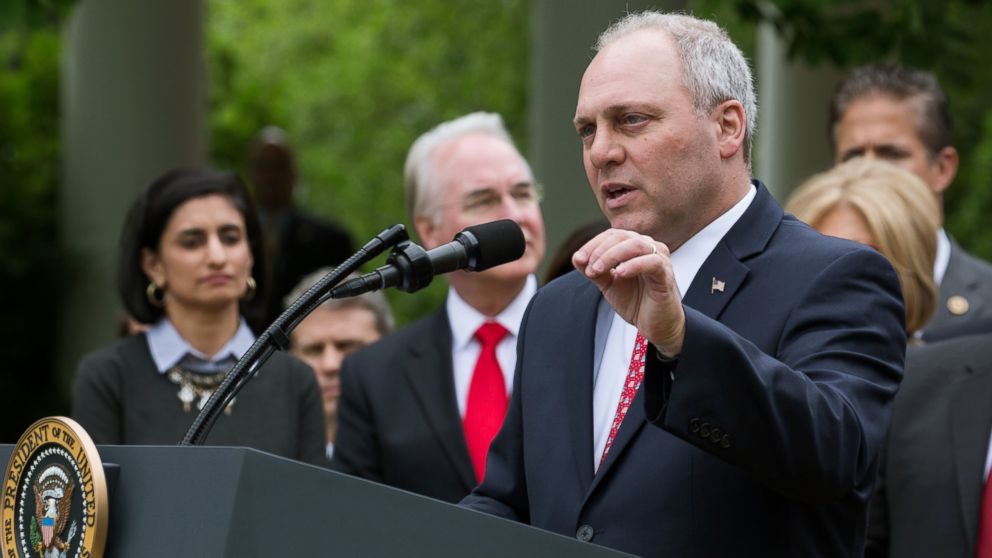 Rep. Steve Scalise speaks at President Trump's press conference with members of the GOP, on the passage of legislation to roll back the Affordable Care Act, in the Rose Garden of the White House, May 4, 2017. 