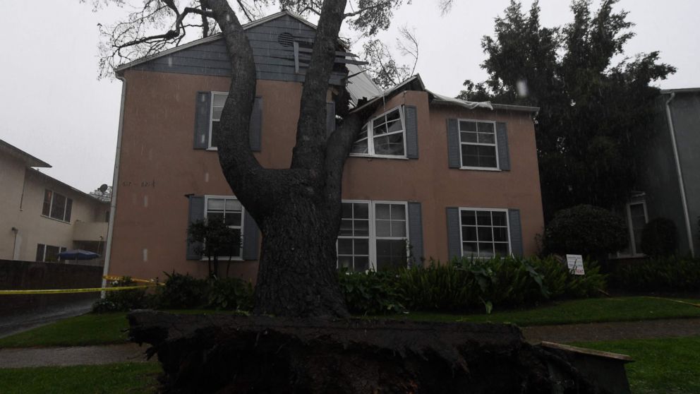 PHOTO: An apartment building was badly damaged after a 75 foot tall tree crashed onto it as the strongest storm in six years slams Los Angeles, Feb. 17, 2017.