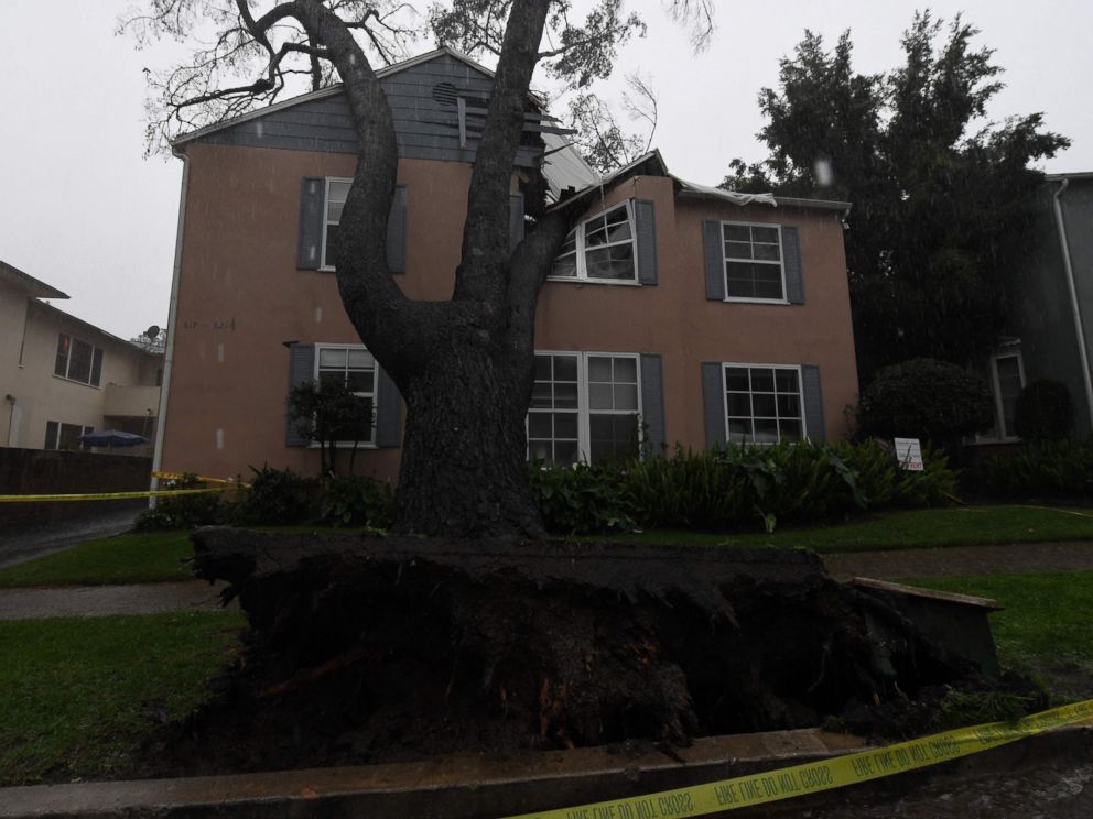 PHOTO: An apartment building was badly damaged after a 75 foot tall tree crashed onto it as the strongest storm in six years slams Los Angeles, Feb. 17, 2017.
