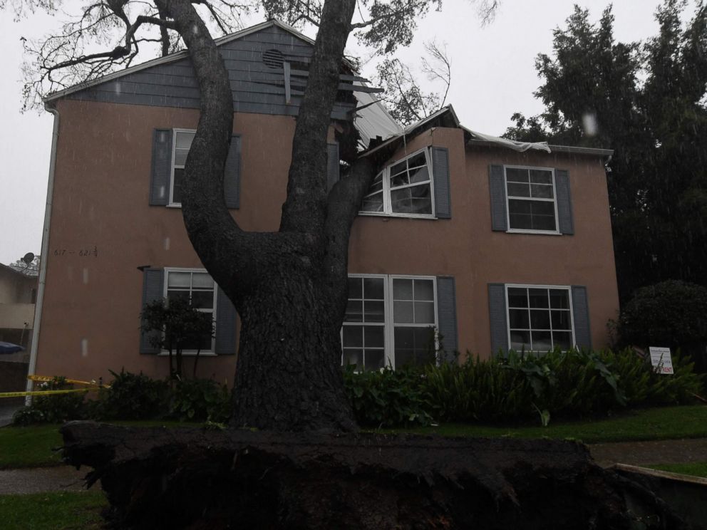 PHOTO: An apartment building was badly damaged after a 75 foot tall tree crashed onto it as the strongest storm in six years slams Los Angeles, Feb. 17, 2017.