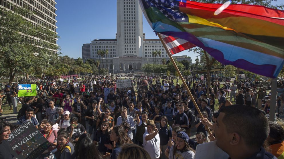 Students from numerous area high schools walk out of class to protest near City Hall against the election of Donald Trump on Nov. 14, 2016 in Los Angeles.
