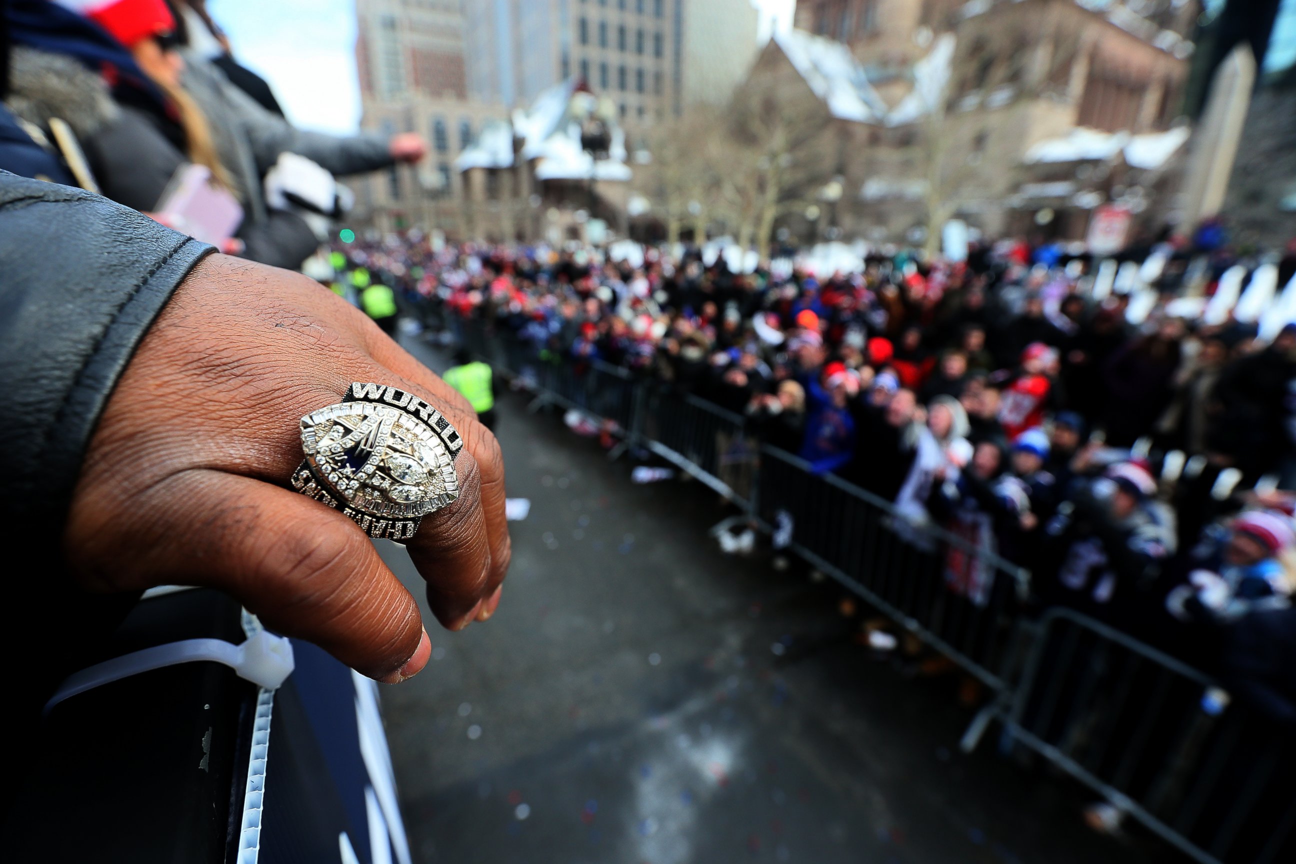 PHOTO: A view of Vince Wilfork's championship ring during the Patriots' Super Bowl victory parade on Boylston Street, Feb. 4, 2017.