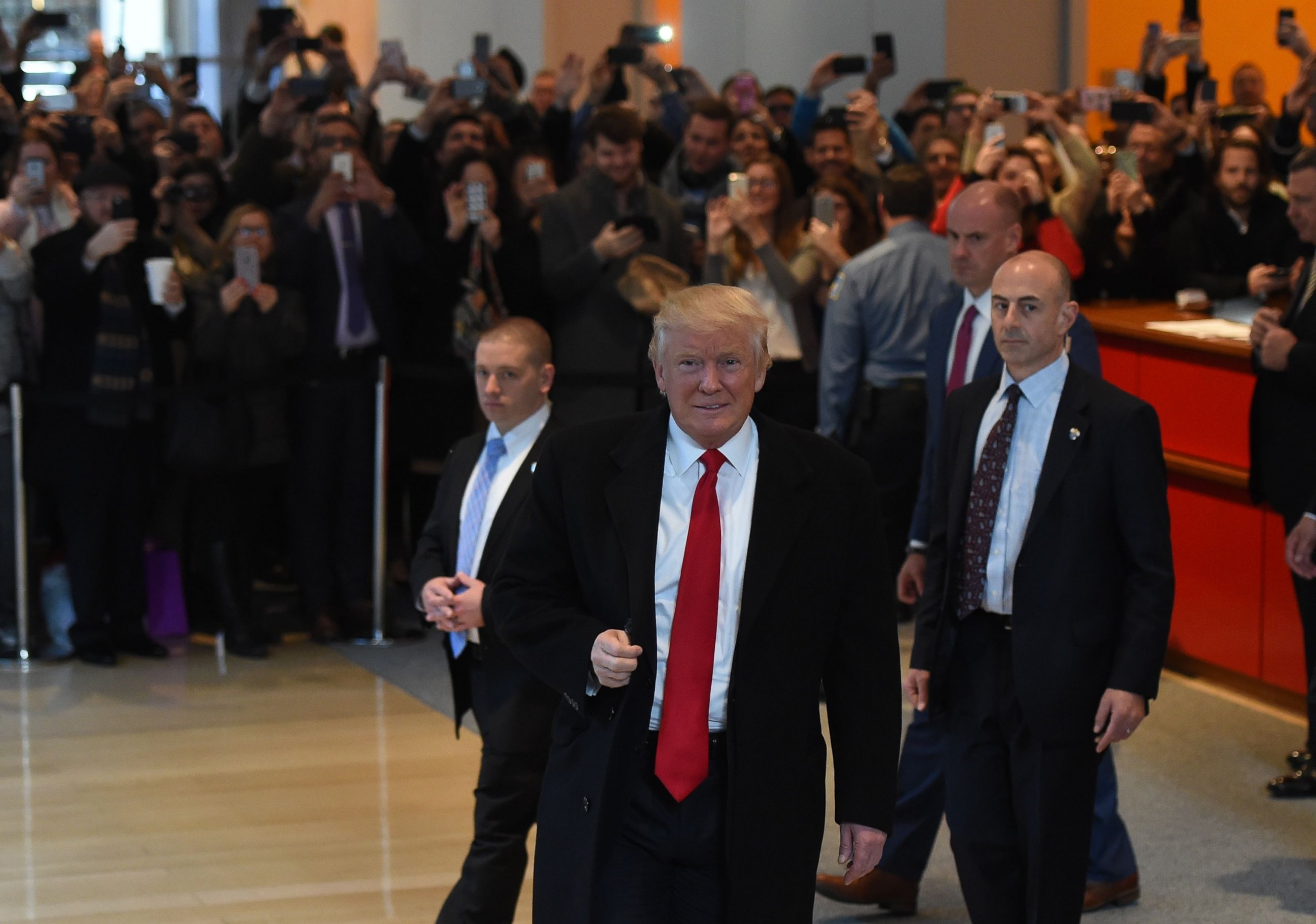 PHOTO: Donald Trump leaves after a meeting at the New York Times, Nov. 22, 2016, in New York.