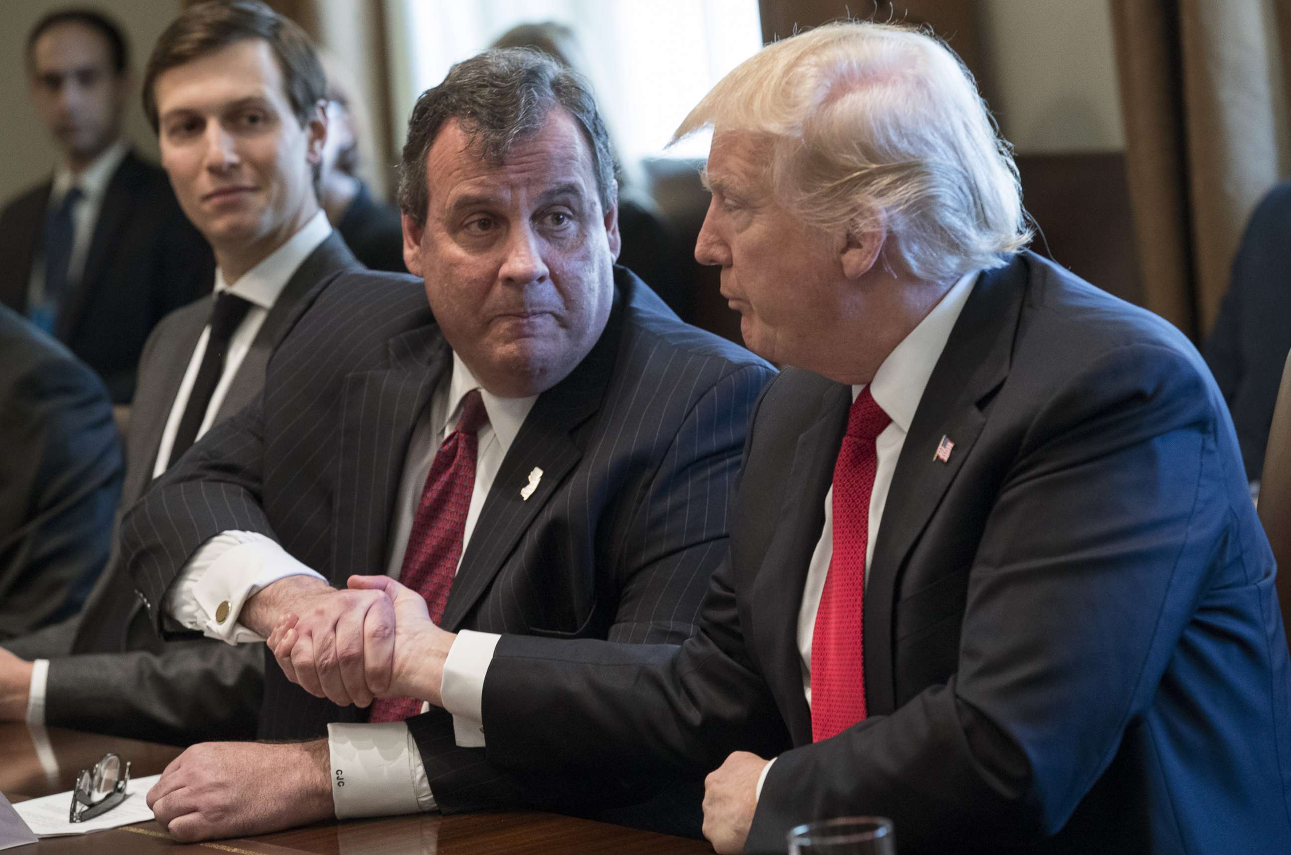 PHOTO: From left, White House senior adviser Jared Kushner, New Jersey Gov. Chris Christie and President Donald Trump attend a panel discussion on opioid and drug abuse in the Roosevelt Room of the White House, March 29, 2017. 