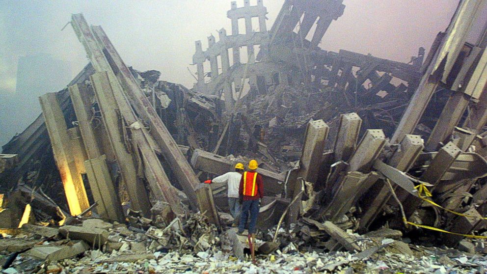 Rescue workers survey the damage to the World Trade Center in New York City in this photo taken on Set. 11, 2001. The Twin Towers of the World Trade Center which were struck by hijacked airplanes collapsed on that day claiming 2,753 lives. September 11, 2016 marks the fifteenth anniversary of the event.