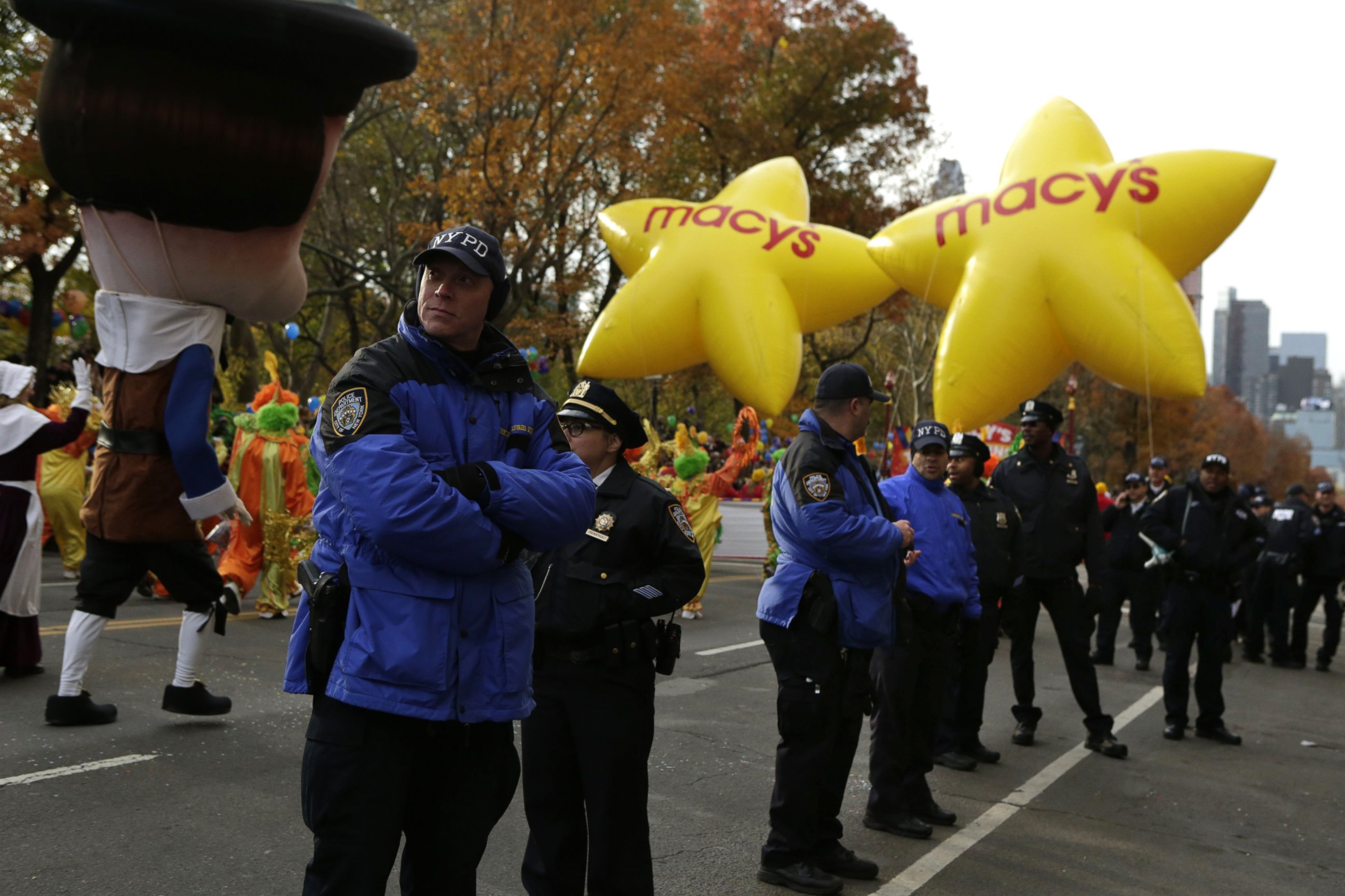 PHOTO: Police officers line the parade route during the 90th annual Macy's Thanksgiving Day Parade on Nov. 24, 2016 in New York.