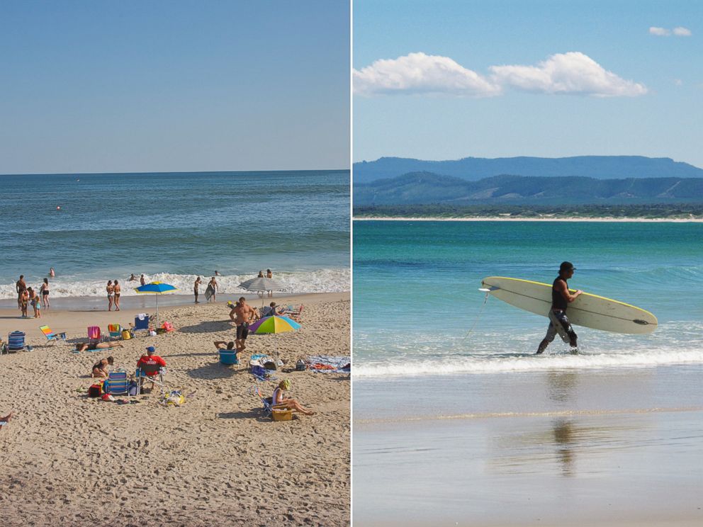 PHOTO: A beach in the Hamptons, Long Island, is seen left and Malibu Beach in California is seen right. 