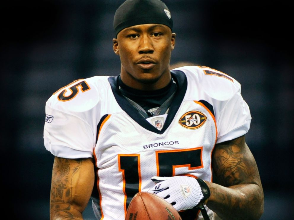 PHOTO: Denver Broncos wide receiver Brandon Marshall is seen before a game at Lucas Oil Stadium in Indianapolis, Ind. on Dec. 13, 2009.