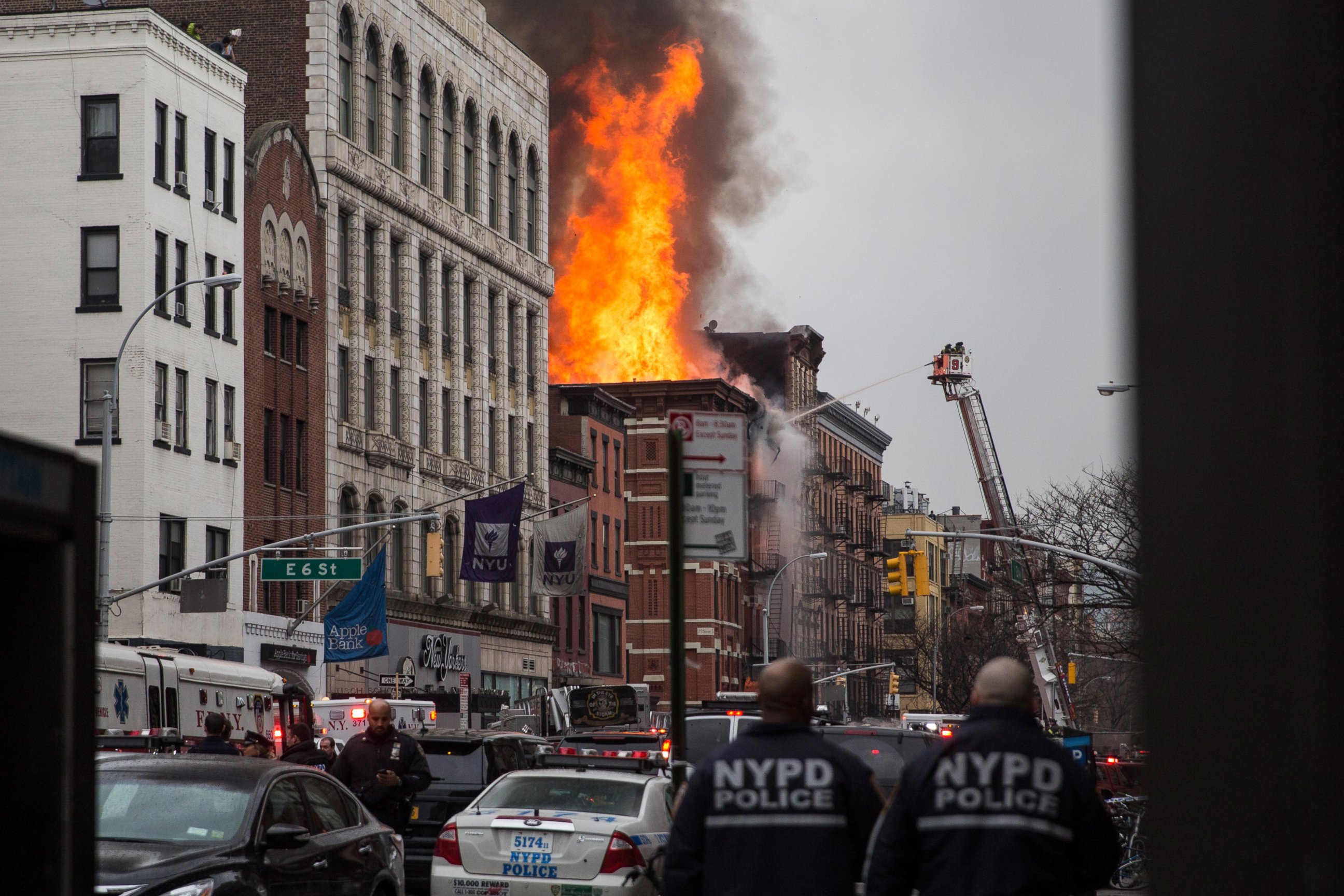 PHOTO: A building burns after an explosion on 2nd Avenue on March 26, 2015 in New York City.  