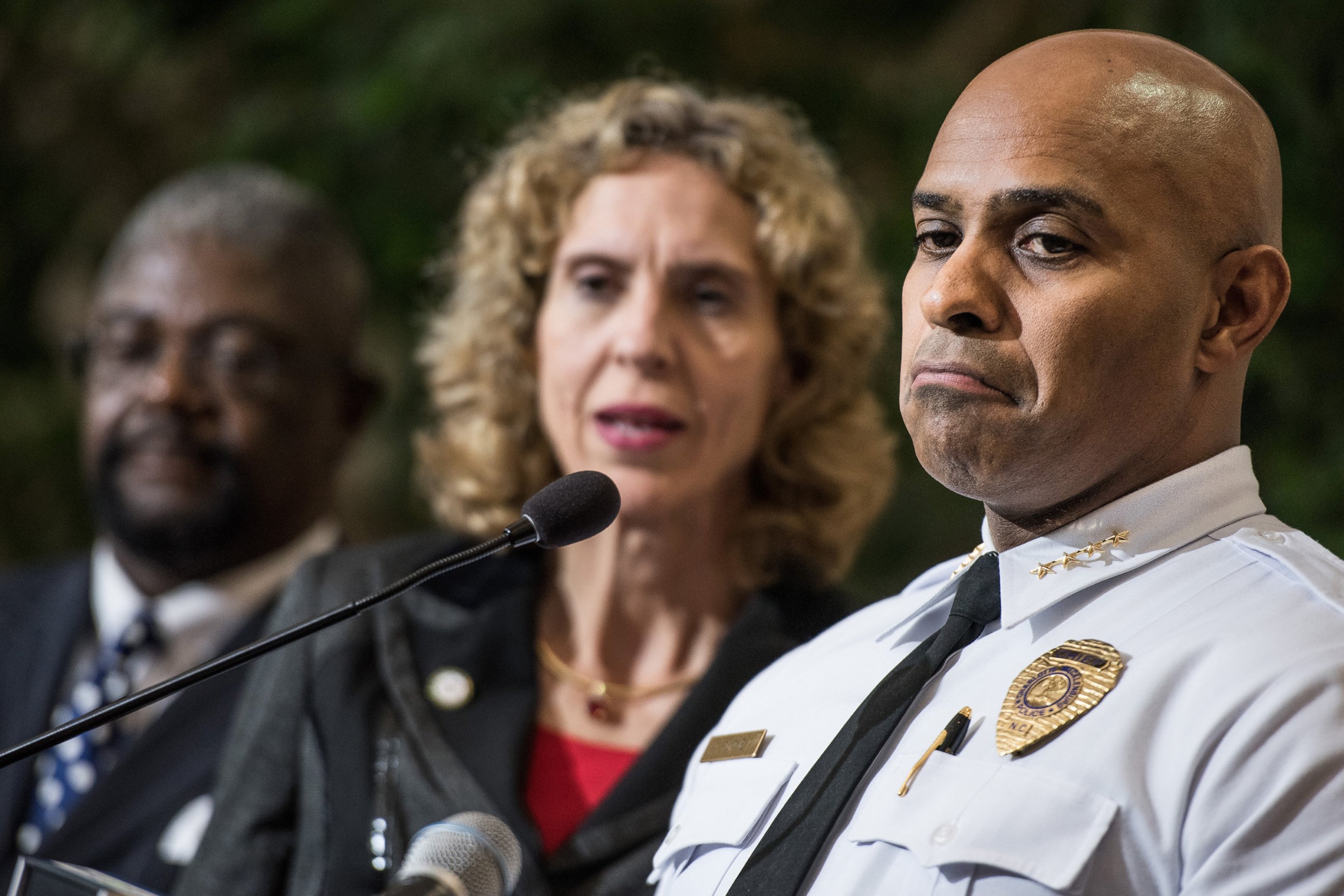 PHOTO: Charlotte-Mecklenburg Police Chief Kerr Putney fields questions from the media, Sept. 22, 2016 in Charlotte, North Carolina.