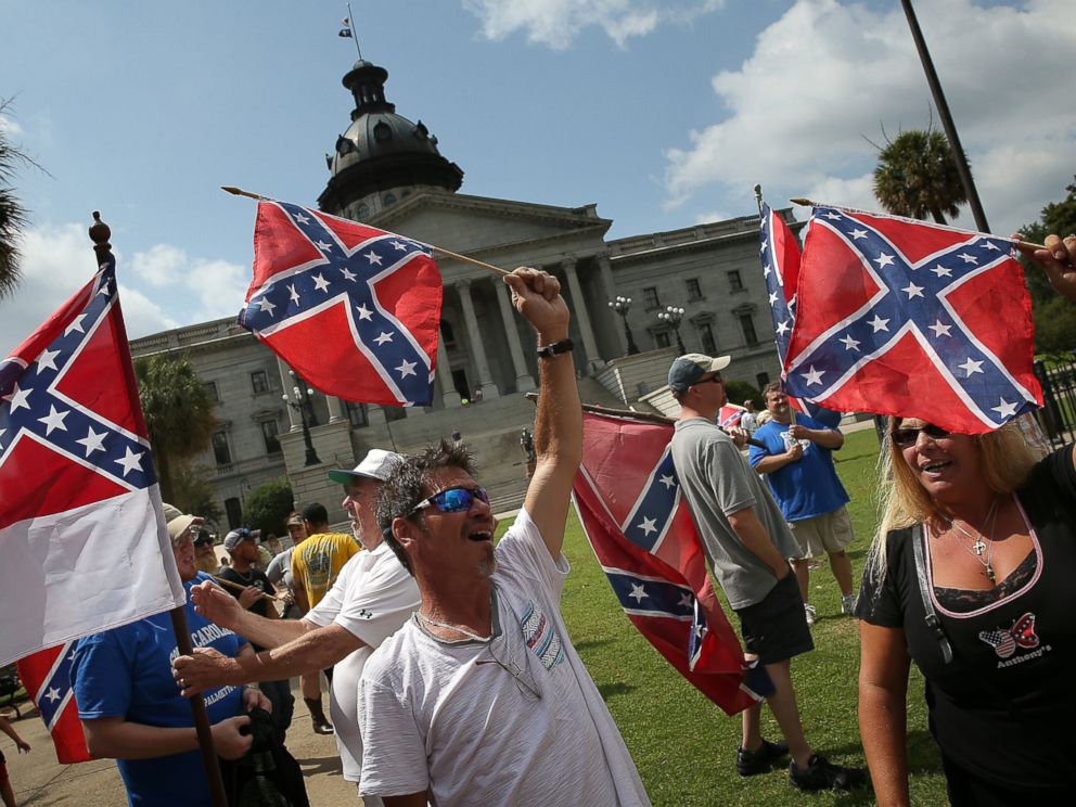 PHOTO: Demonstrators protest at the South Carolina State House calling for the Confederate flag to remain on the State House grounds, June 27, 2015 in Columbia, S.C.