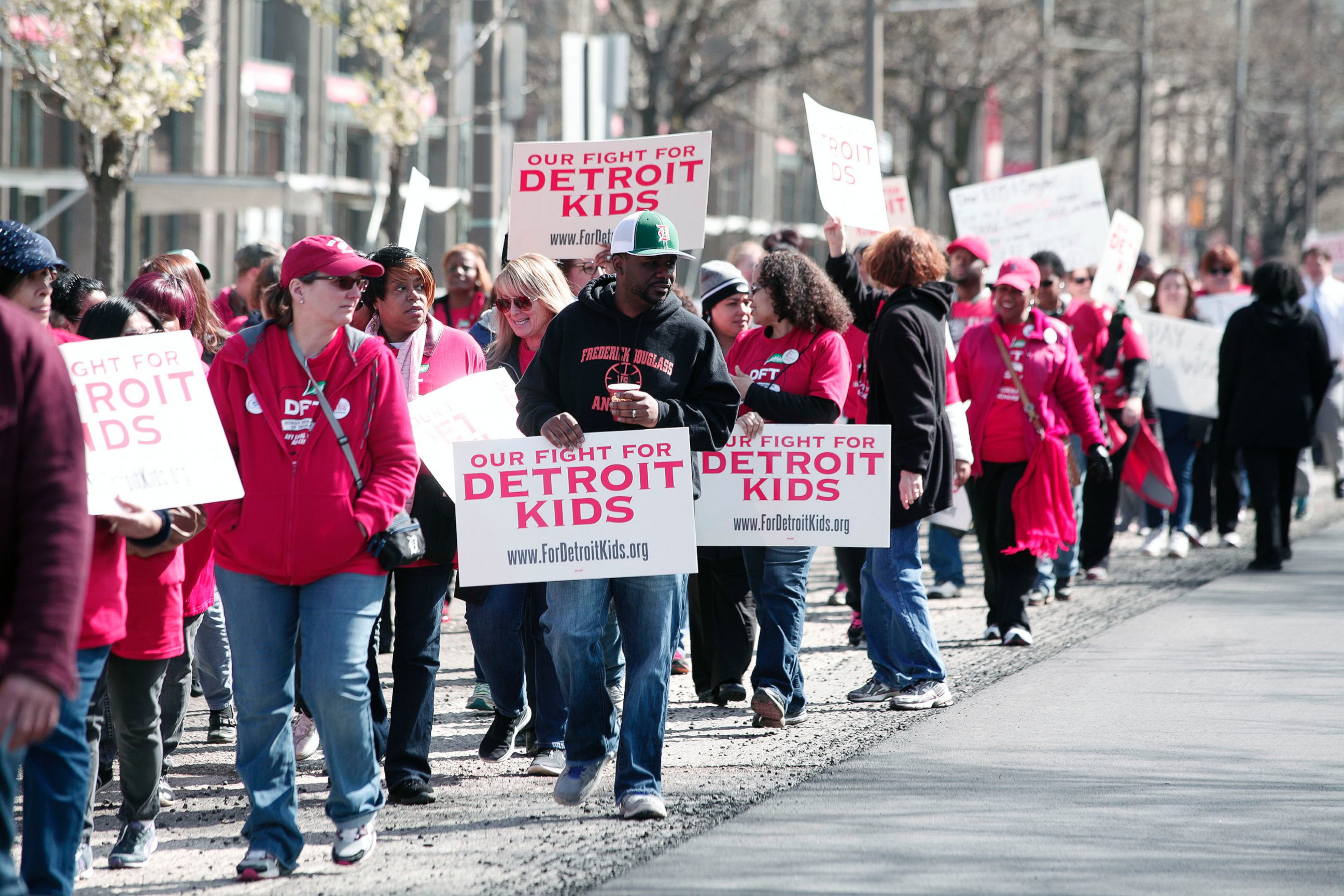 PHOTO: Detroit teachers stage a sick-out for the second day in a row and protest in front of Detroit Public Schools headquarters, May 3, 2016 in Detroit, Michigan.