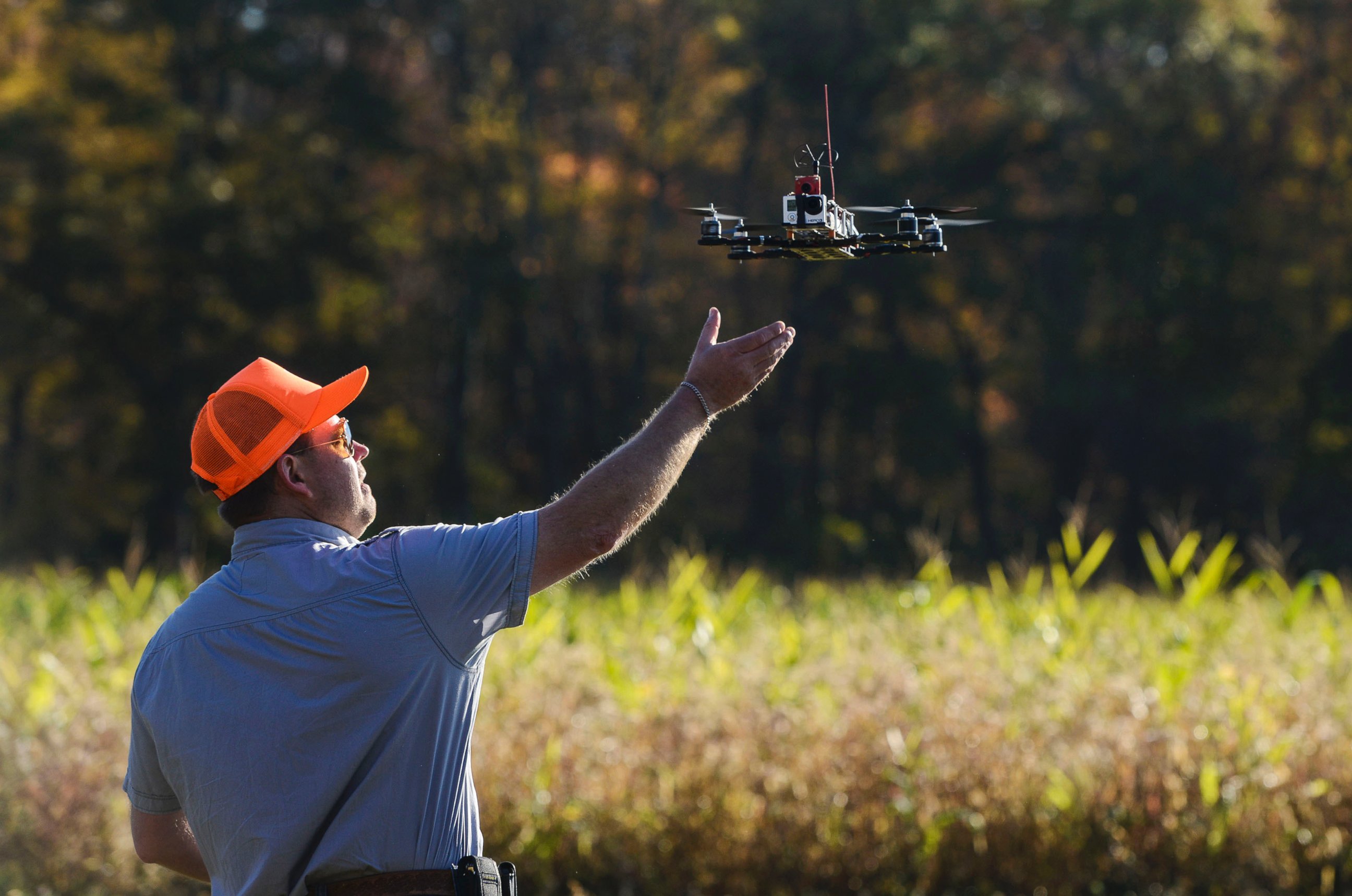 PHOTO: A drone lands after taking footage at Erwin Wilder Wildlife Management Area at  on October 21, 2013 in Norton, Mass. Drones are used in the area to help seek out illegal hunting activity.