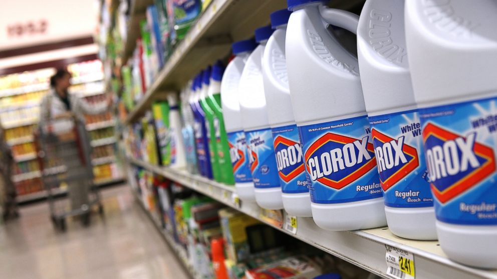 PHOTO: Bottles of Clorox bleach sit on a shelf at a grocery store on Feb. 11, 2011 in San Francisco, Calif.
