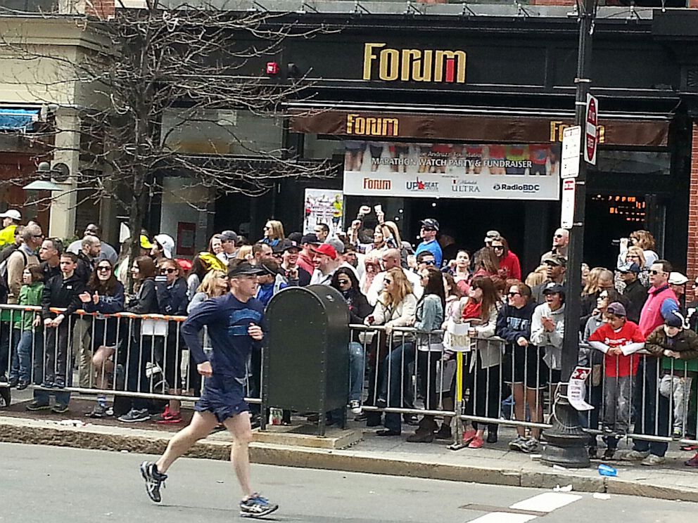 PHOTO: This cell phone image, taken in front of the Forum Restaurant on April 15, 2013 at the Boston Marathon, prior to the moment that two bombs exploded, killing 3 and wounding 183 people.