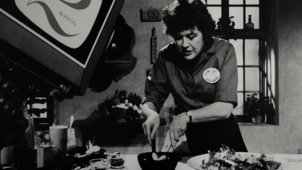 Julia Child is seen taping a TV show in her kitchen in this undated file photo.  