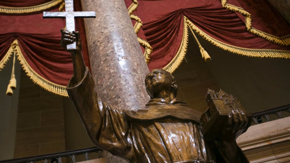 The statue of Junipero Serra stands in Statuary Hall in the U.S. Capitol building in Washington on Monday, Sept. 21, 2015. 