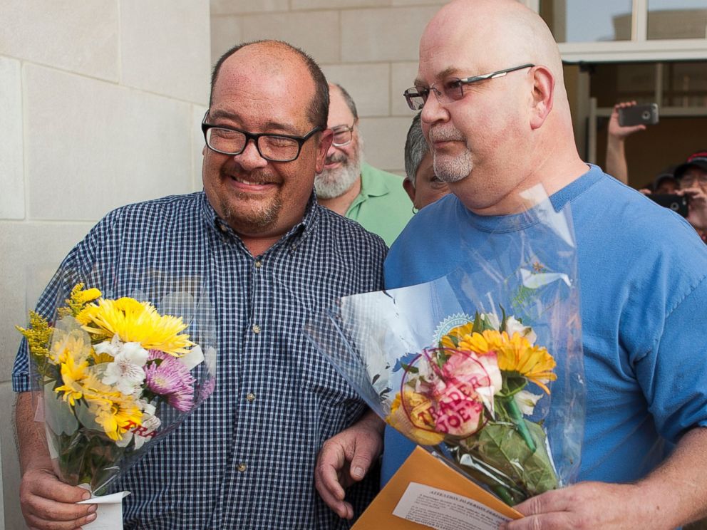 PHOTO: Michael Long and Timothy Long stand in front of the Rowan County Courthouse after receiving their legal marriage license, Sept. 3, 2015 in Morehead, Ky.