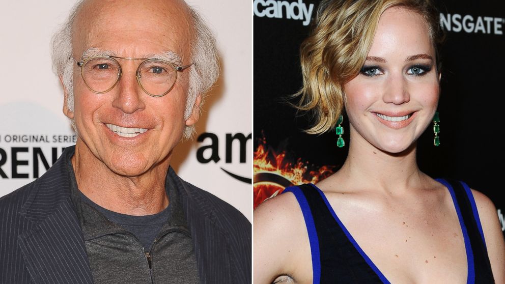 Larry David, seen left in this Sept. 15, 2014 file photo, and Jennifer Lawrence, seen right in this May 17, 2014 file photo.