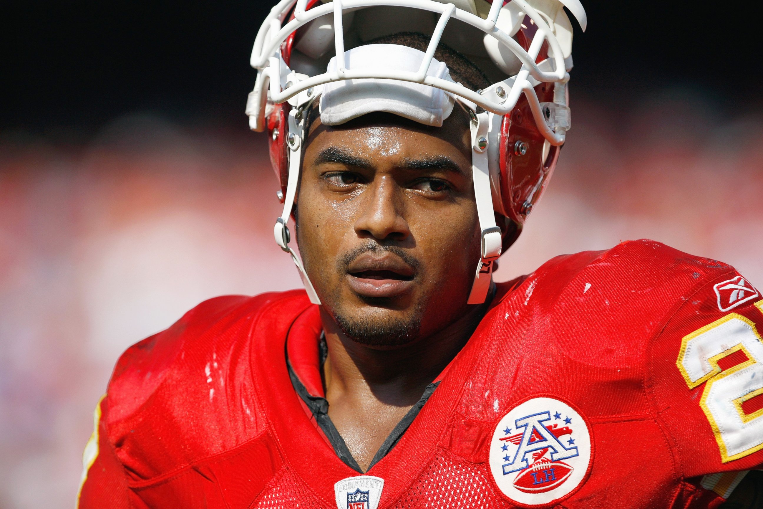 PHOTO: Larry Johnson of the Kansas City Chiefs looks on the field during a game on Sept. 28, 2008 at Arrowhead Stadium in Kansas City, Mo.