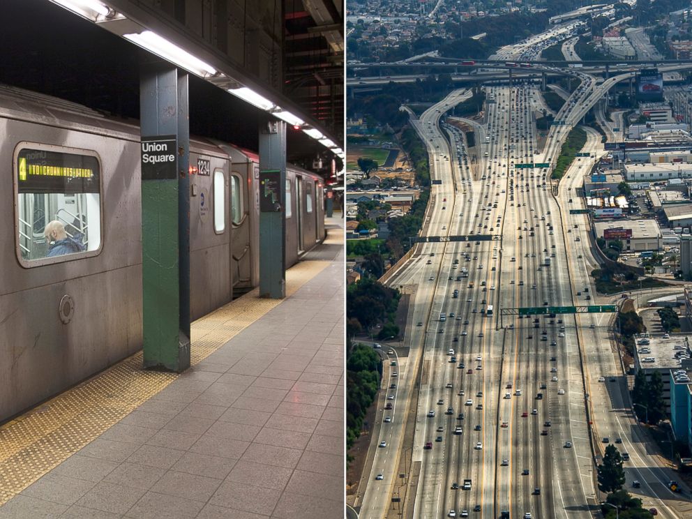 PHOTO: The New York City Subway, seen left, and the Los Angeles highway, seen right. 