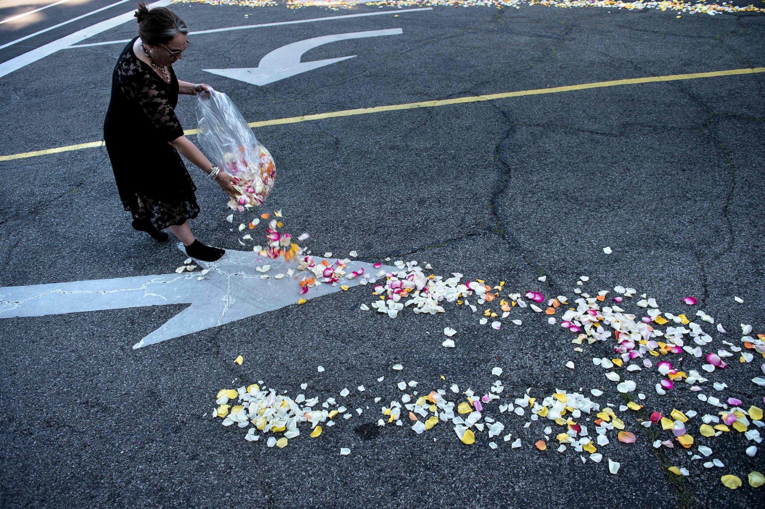 PHOTO: A woman places flower petals along the entrance to Cave Hill Cemetery for the funeral procession for boxing legend Muhammad Ali on June 10, 2016 in Louisville, Kentucky.