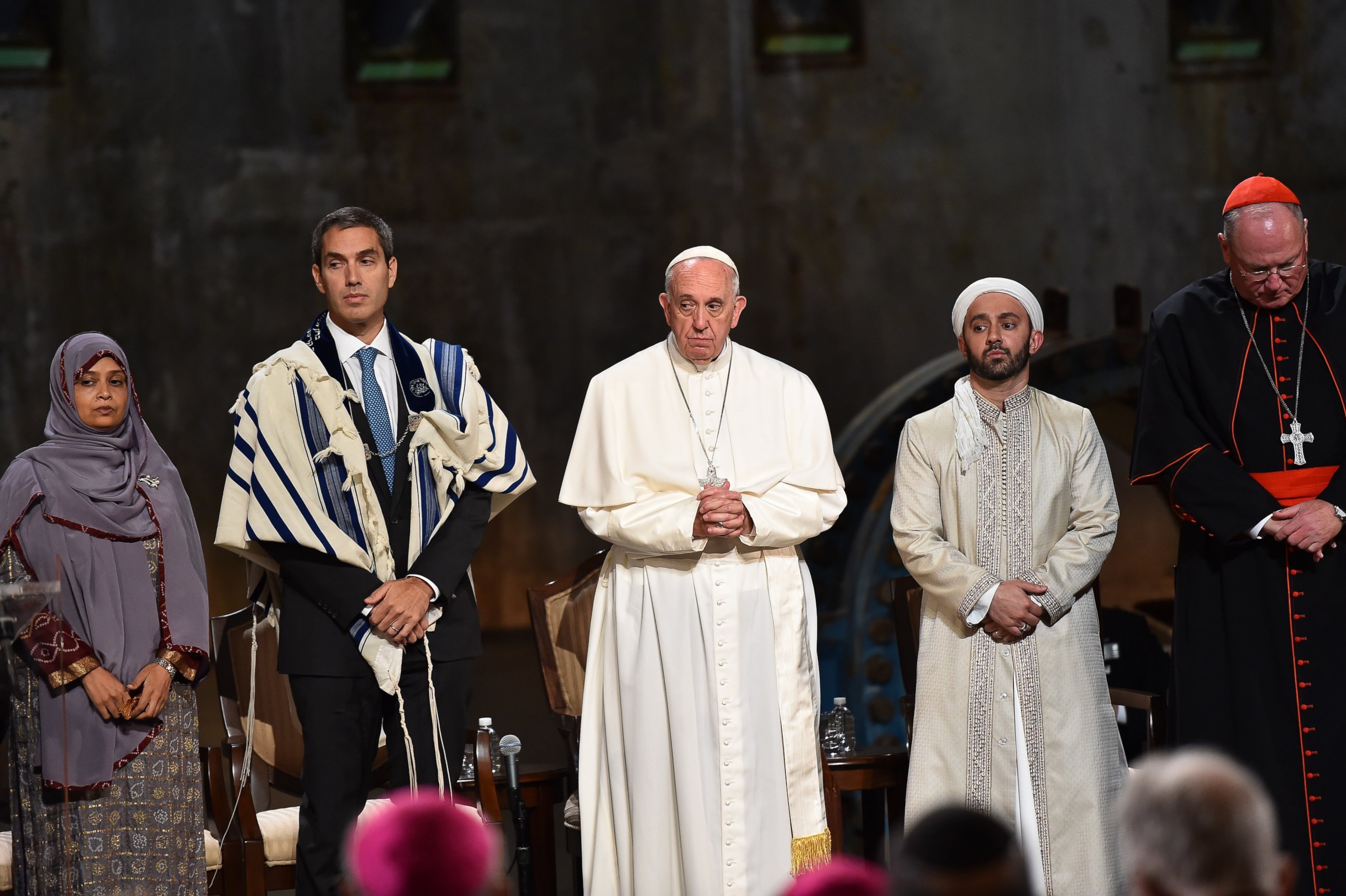 PHOTO: Pope Francis attends a multi-religious service for the victims of 9/11 at the memorial in New York on Sept. 25, 2015.  