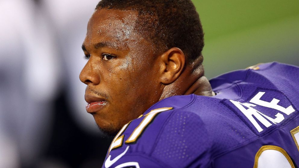 PHOTO: Ray Rice of the Baltimore Ravens sits on the bench against the Dallas Cowboys at AT&T Stadium on Aug. 16, 2014 in Arlington, Texas.