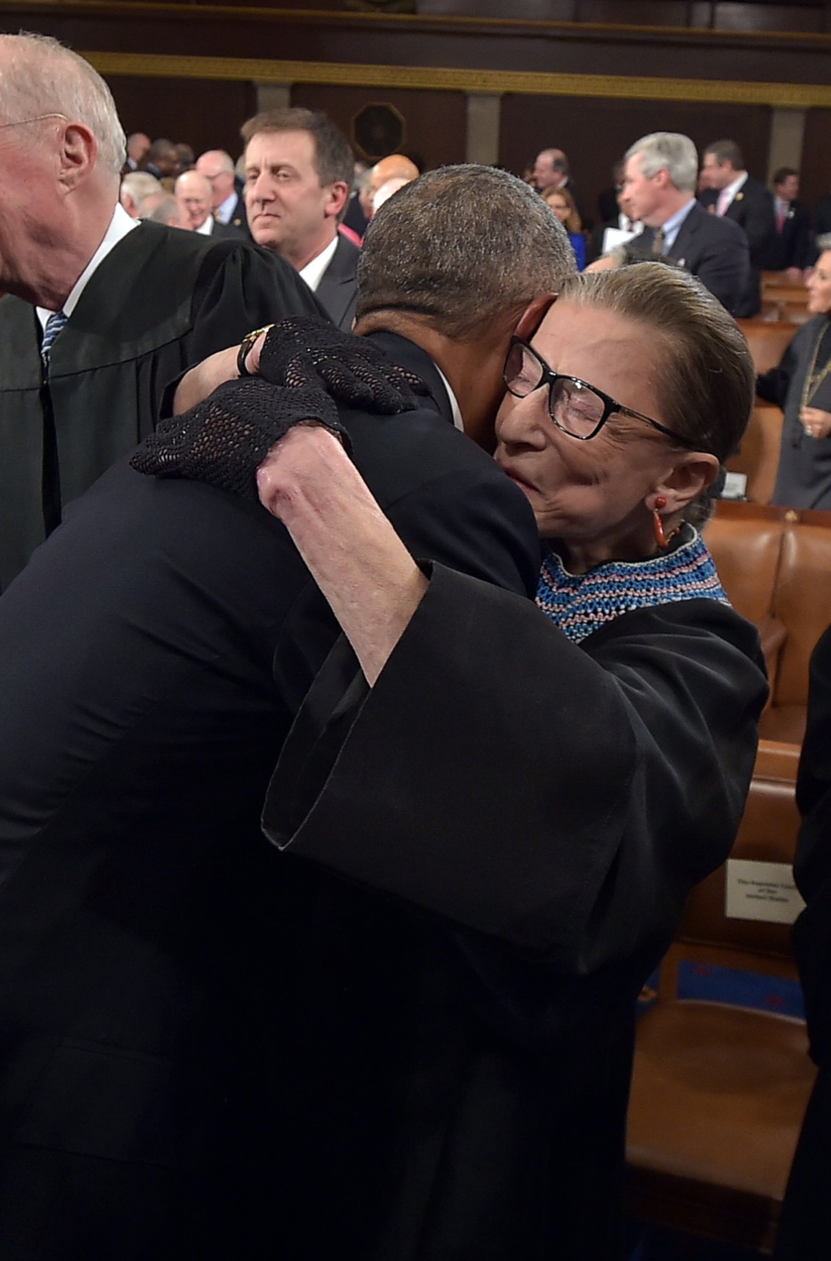 PHOTO: President Barack Obama hugs Supreme Court Justice Ruth Bader Ginsburg as arrives to deliver the State of the Union address on Jan, 20, 2015 at the U.S. Capitol in Washington, DC.