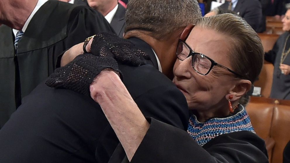 PHOTO: President Barack Obama hugs Supreme Court Justice Ruth Bader Ginsburg as arrives to deliver the State of the Union address on Jan, 20, 2015 at the U.S. Capitol in Washington, DC.