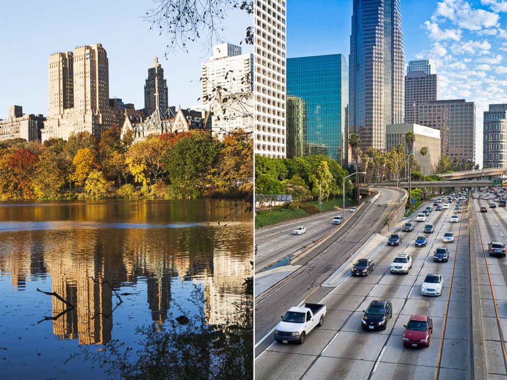 PHOTO: Central Park in New York City is seen left, while downtown Los Angeles is seen right. 