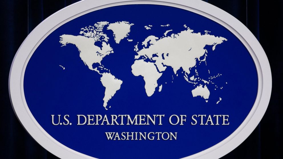 The US Department of State logo is displayed inside the media briefing at the US Department of State in Washington.