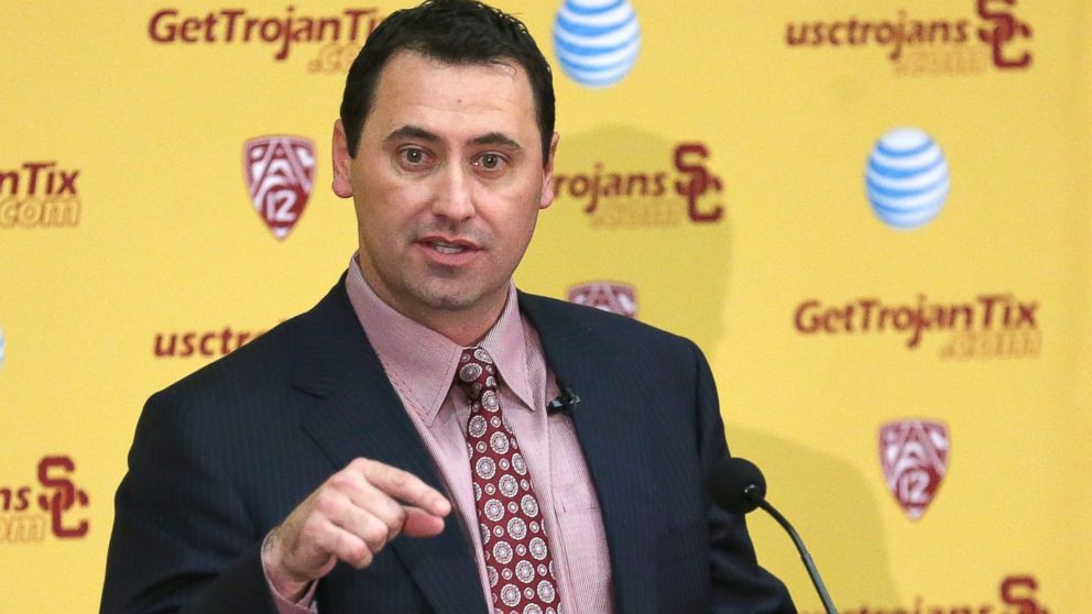 PHOTO: Steve Sarkisian speaks at a press conference at the John McKay Center at the University of Southern California on Dec. 3, 2013 in Los Angeles, Calif.