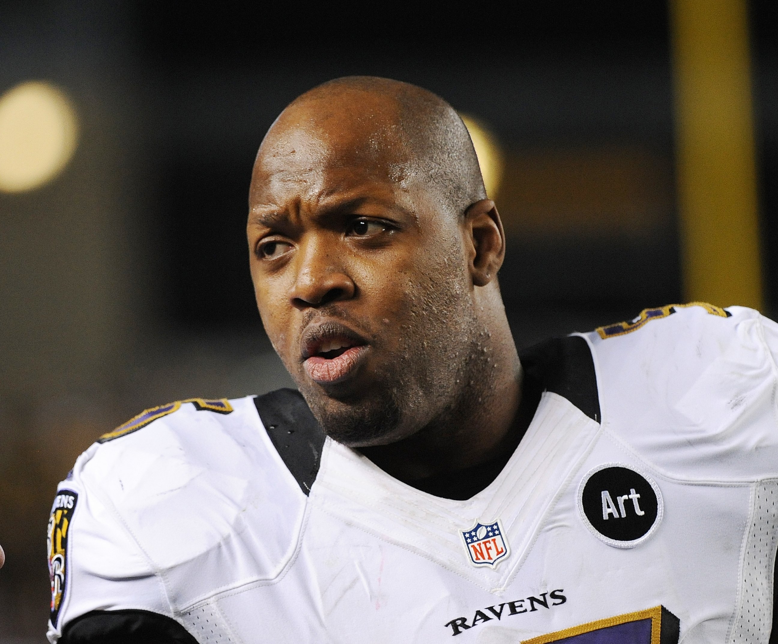 PHOTO: Linebacker Terrell Suggs of the Baltimore Ravens looks on from the sideline during a game at Heinz Field on Nov. 18, 2012 in Pittsburgh, Pa.