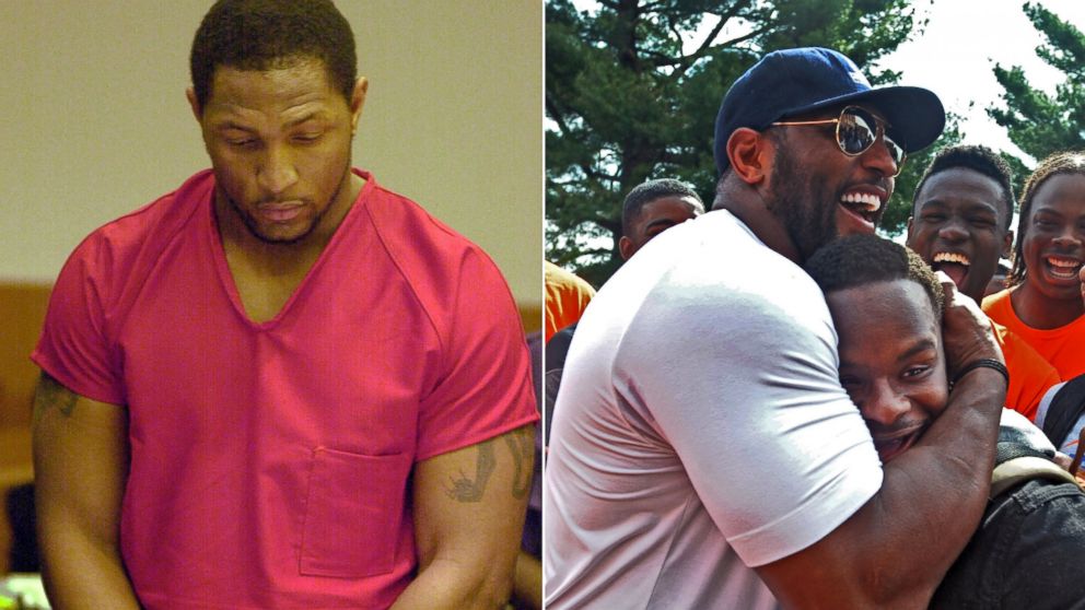 PHOTO: Baltimore Ravens linebacker Ray Lewis appears in court on murder charges, Feb. 1, 2000 and hugs a high-school student during outreach efforts in the aftermath of riots in Baltimore on April 30, 2015.