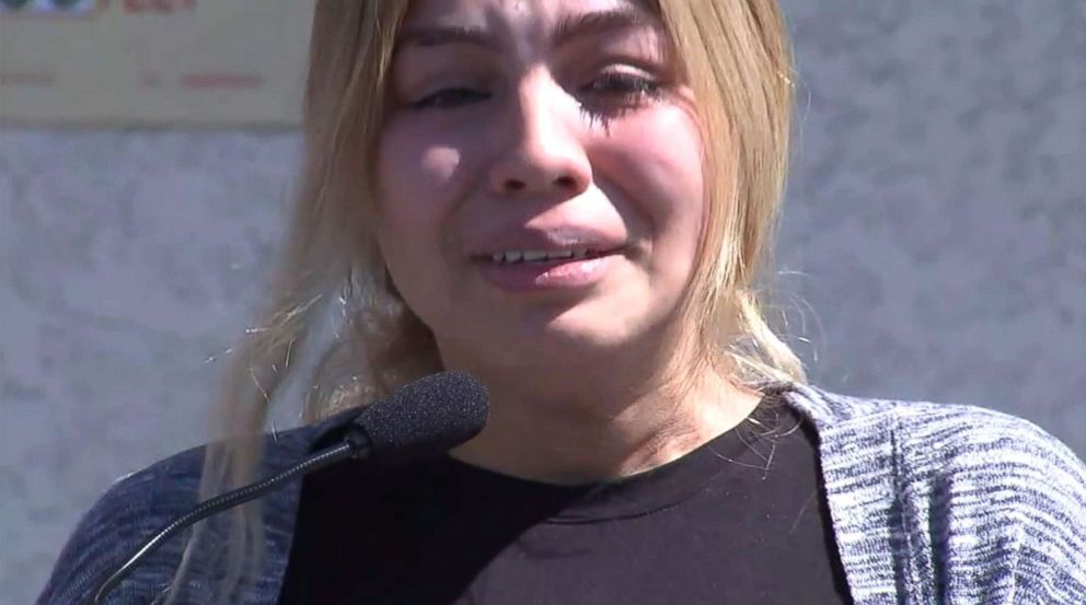 PHOTO: Guadalupe Gutierrez, 21, speaks at a press conference after the death of her husband Christopher Lopez, 23, in Pasadena, Calif.