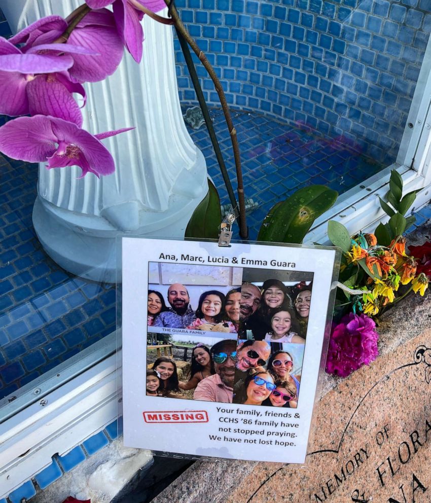 PHOTO: A shrine for the Guara family has been setup outside St. Joseph Catholic Church, in Surfside, Fla., June 28, 2021, near the collapsed building.