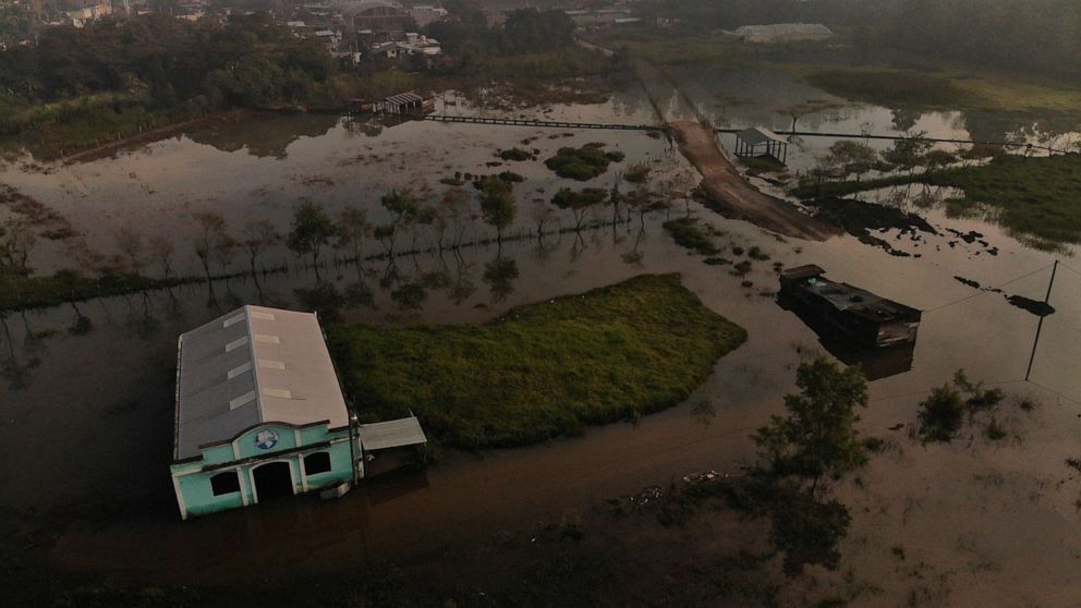 PHOTO: Aerial view of a church that was flooded on Nov. 9, 2020 in San Cristobal Verapaz, Alta Verapaz, Guatemala.