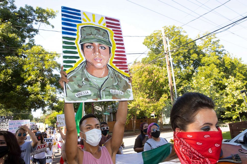 PHOTO: Hundreds gathered Sunday in East Austin to march and mourn in memory of Spc. Vanessa Guillen, July 12, 2020.