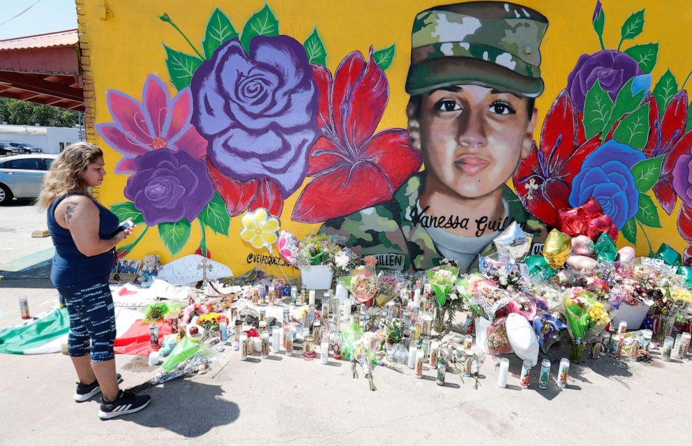 PHOTO: Irma Portillo visits a mural of slain Army Spc. Vanessa Guillen painted on a wall on the south side of Fort Worth, Texas, July 11, 2020.