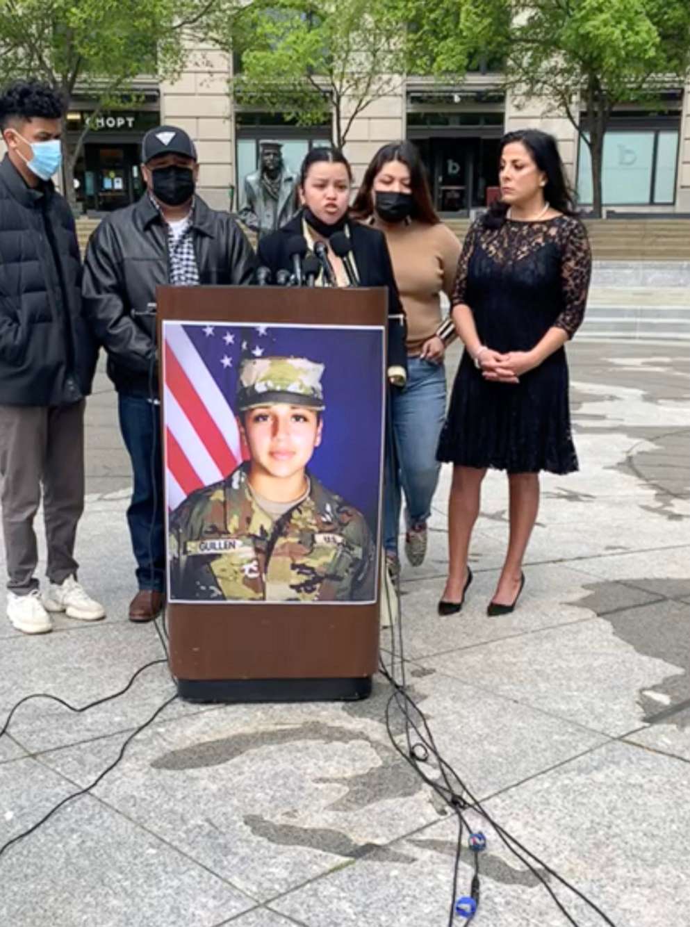PHOTO: Attorney Natalie Khawam, left, at a press conference in Washington D.C., April 22, 2021, along with Vanessa Guillen's sisters Mayra and Lupe to demand justice in her death.