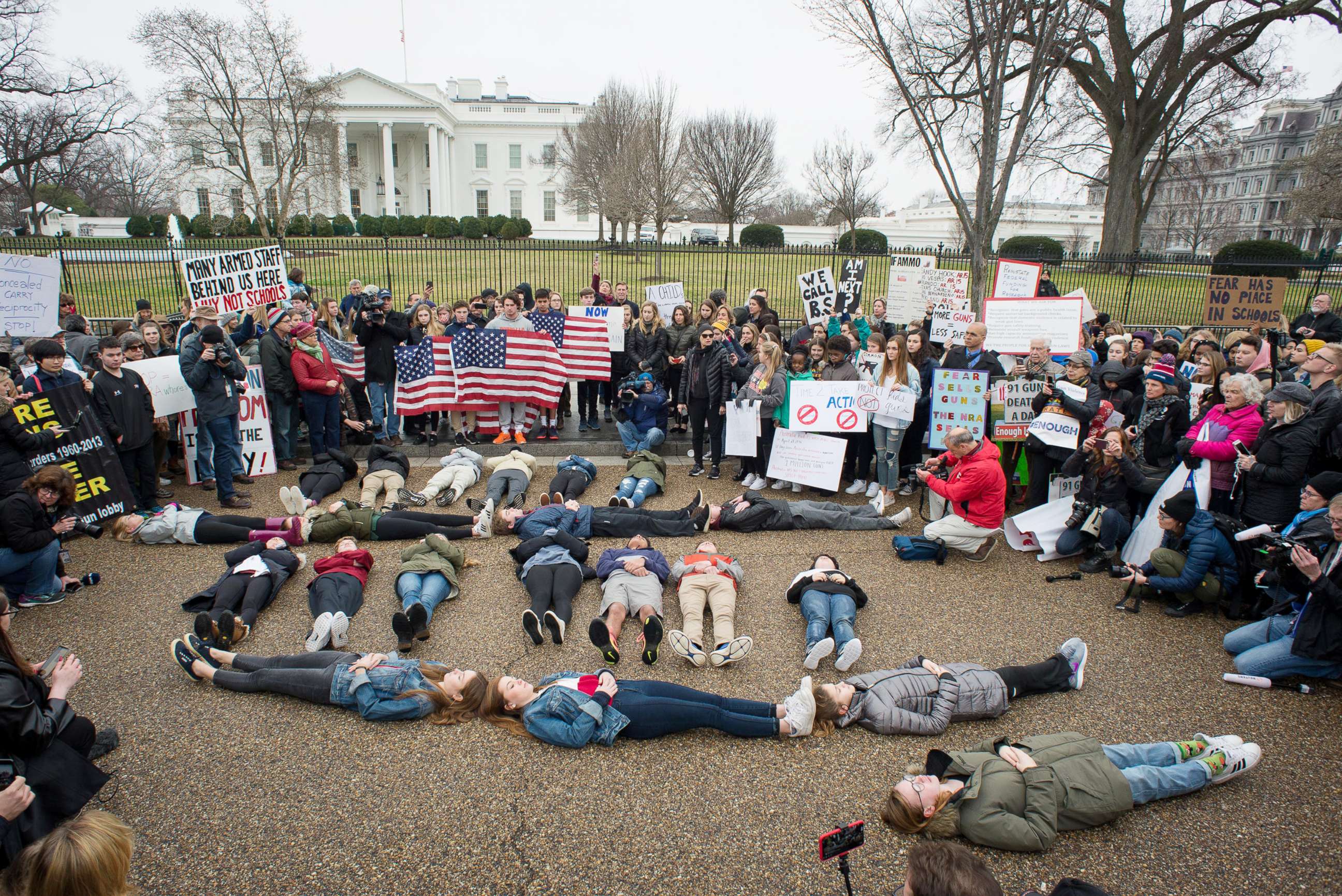 PHOTO: Students stage a "lie-in" outside the White House on Feb. 19, 2018, to demand gun control legislation in the wake of the school shooting that took place in Parkland, Fla. 