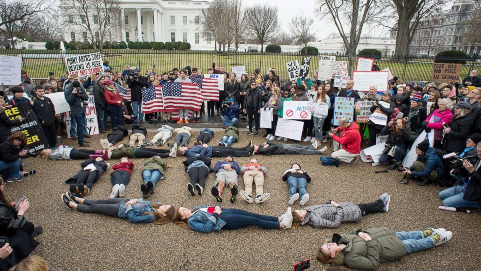 PHOTO: Students stage a "lie-in" outside the White House on Feb. 19, 2018, to demand gun control legislation in the wake of the school shooting that took place in Parkland, Fla. 