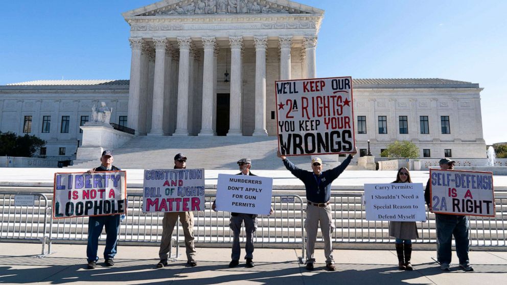 PHOTO: In this Nov.  3, 2021, file photo, demonstrators rally outside the US Supreme Court in Washington, DC