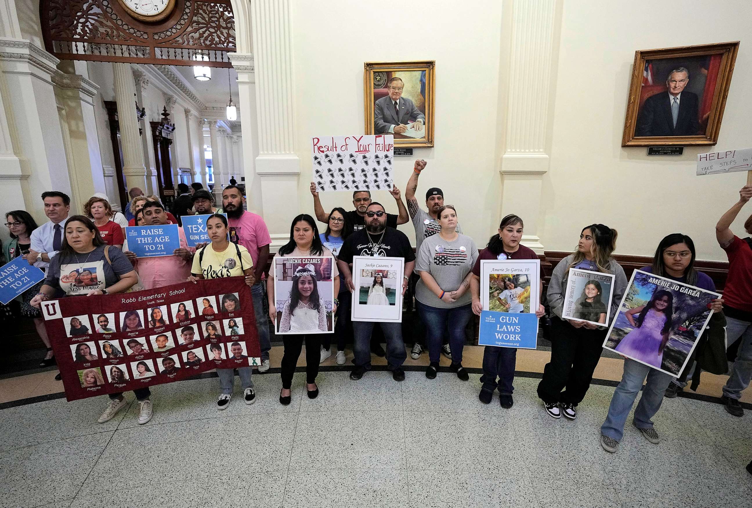 PHOTO: Parents and relatives of the students killed in the Uvalde school shooting join others protesting at the Texas Capitol and calling for tighter regulations on gun sales, in Austin, Texas, on May 8, 2023.