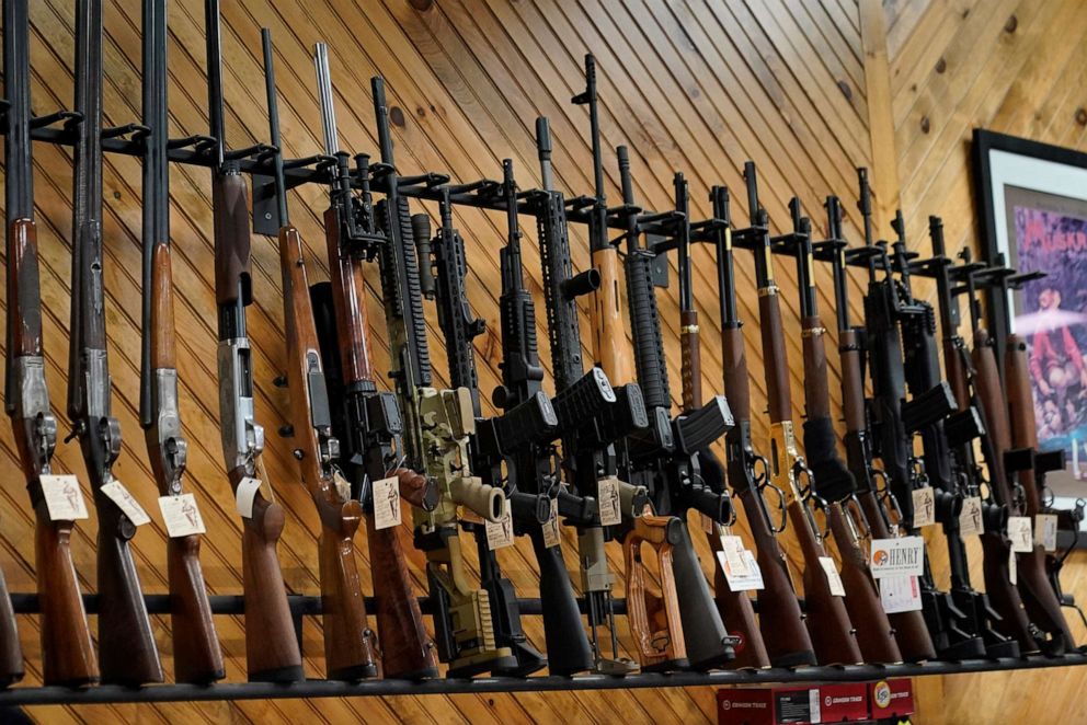 PHOTO: In this July 18, 2022, file photo, various guns are displayed at a store in Auburn, Maine.